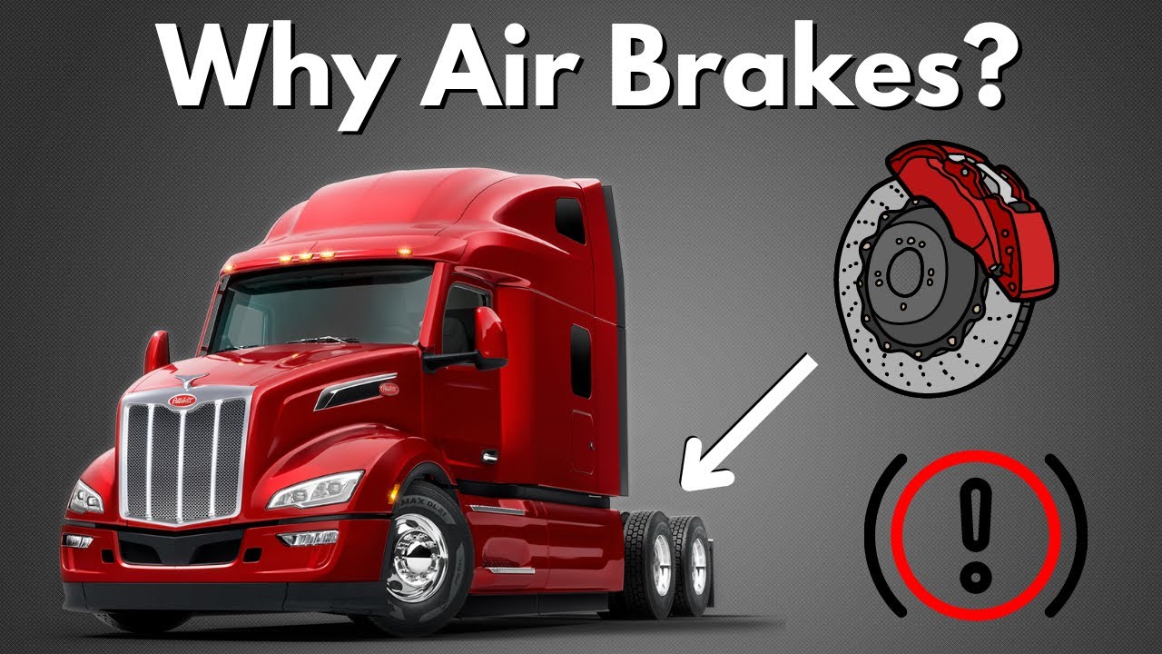 A red semi-truck is shown on the left of the image with a large white arrow pointing to its back wheels. Next to the arrow is an illustration of a disc brake and a warning symbol. The title text at the top reads, "Why Air Brakes?.